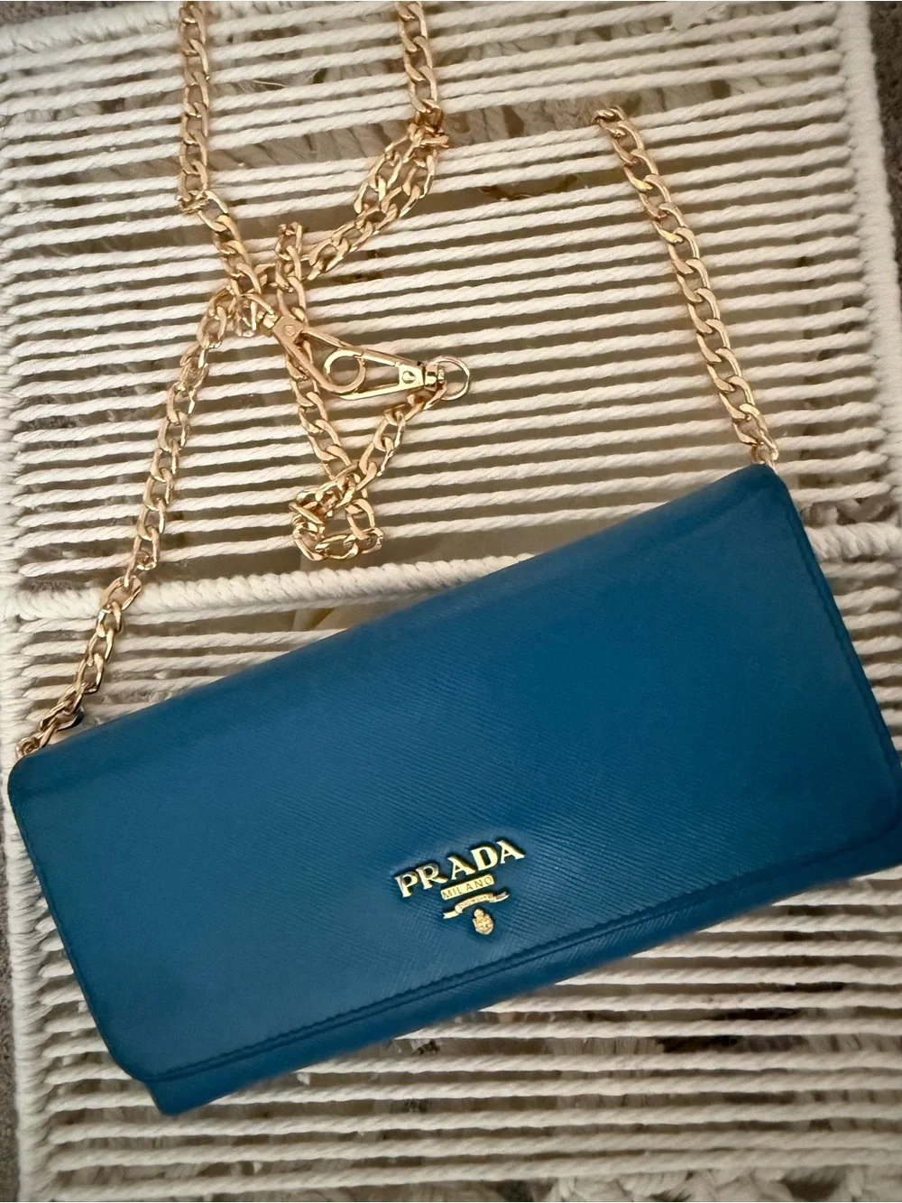 Prada Blue Saffiano Leather Chain Wallet with Gold Hardware